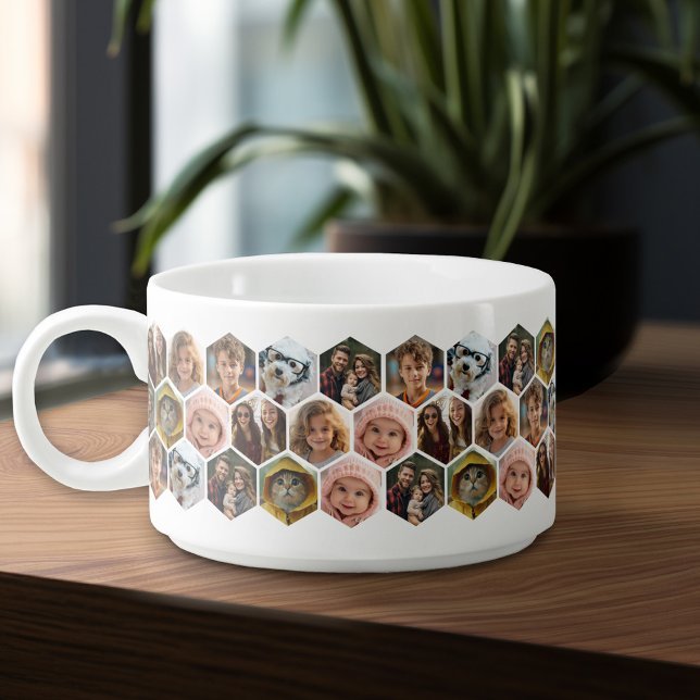 7 Photo Collage - funky hexagon pattern Bowl (Personalized dinner mug - photos all over)