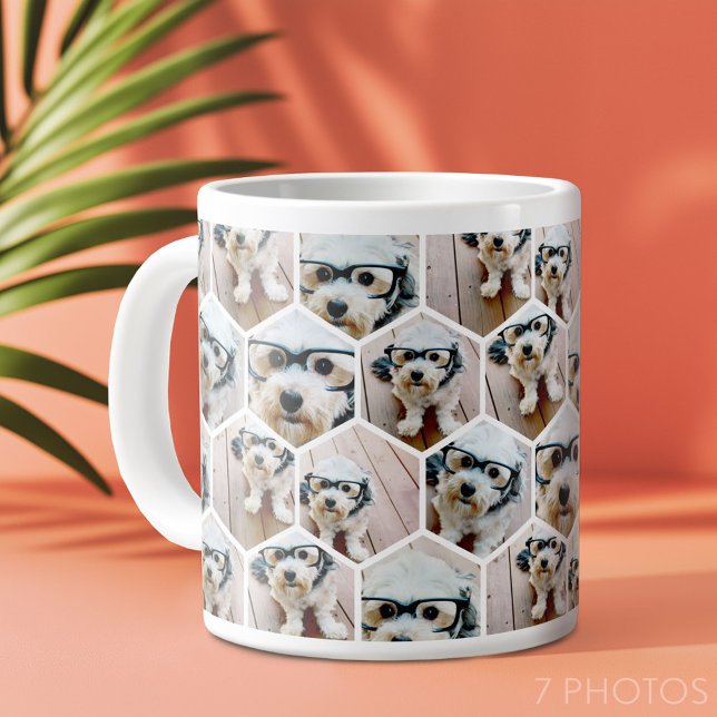 7 Photo Collage - funky hexagon pattern Giant Coffee Mug (7 Photo Personalized Mug - funky honeycomb pattern)