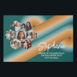 7 Photo Collage funky hexagon pattern sunset color Faux Canvas Print<br><div class="desc">This fun photo montage includes a place for 7 pictures. The grid includes a grid of hexagon shaped photos with plenty of room to add your favorite party pics. The retro stripe line art in sunset colors add a bit of whimsy to the design. Square photos work best with this...</div>