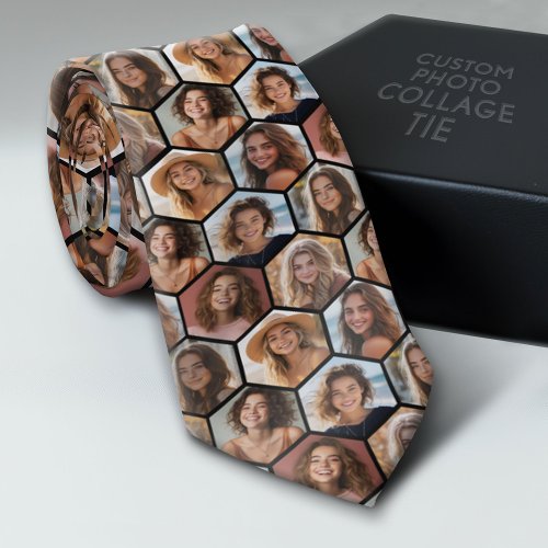 7 Photo Collage - funky honeycomb pattern - black Neck Tie