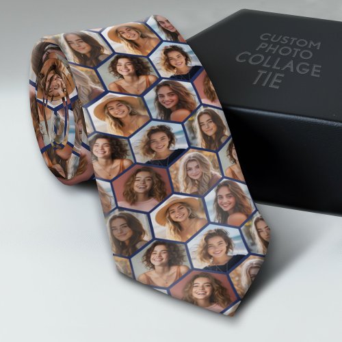 7 Photo Collage - funky honeycomb pattern - blue Neck Tie
