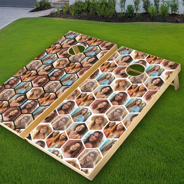 7 Photo Collage - funky honeycomb pattern - red Cornhole Set (Custom Cornhole Set)