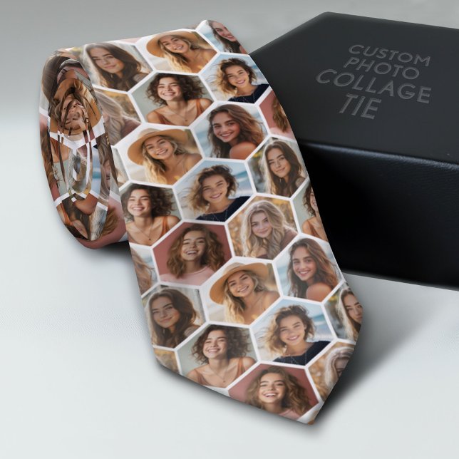 7 Photo Collage - funky honeycomb pattern - white Neck Tie (Custom Tie with a Photo Collage)