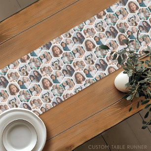 7 Photo Collage - funky honeycomb pattern - white Short Table Runner