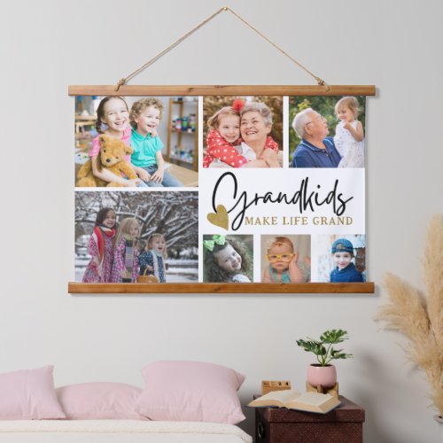 7 Photo Collage Grandkids Make Life Grand Quote  Hanging Tapestry