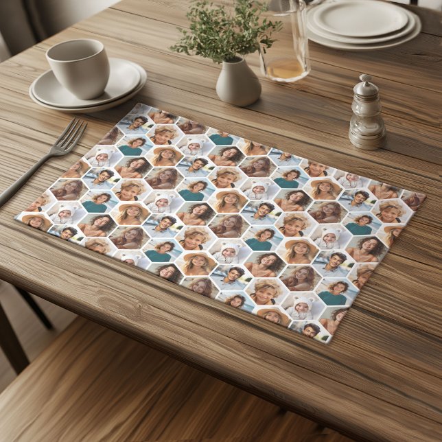 7 Photo Collage - honeycomb hexagon pattern white Cloth Placemat (Custom Cloth Place met with Photo Collage)