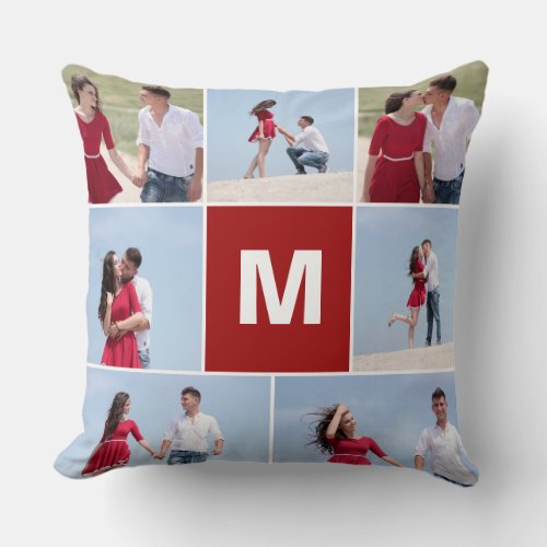 7 Photo Collage Monogrammed Red Throw Pillow