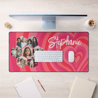7 Photo Collage Psychedelic Heart Calligraphy Name Desk Mat