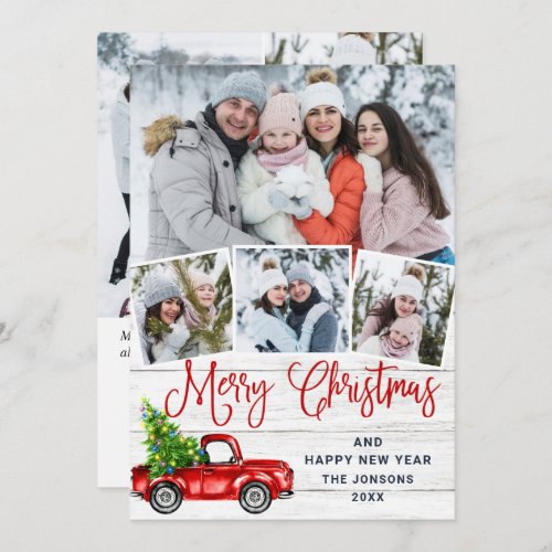 7 Photo Merry Christmas Red Farm Truck Holiday Card