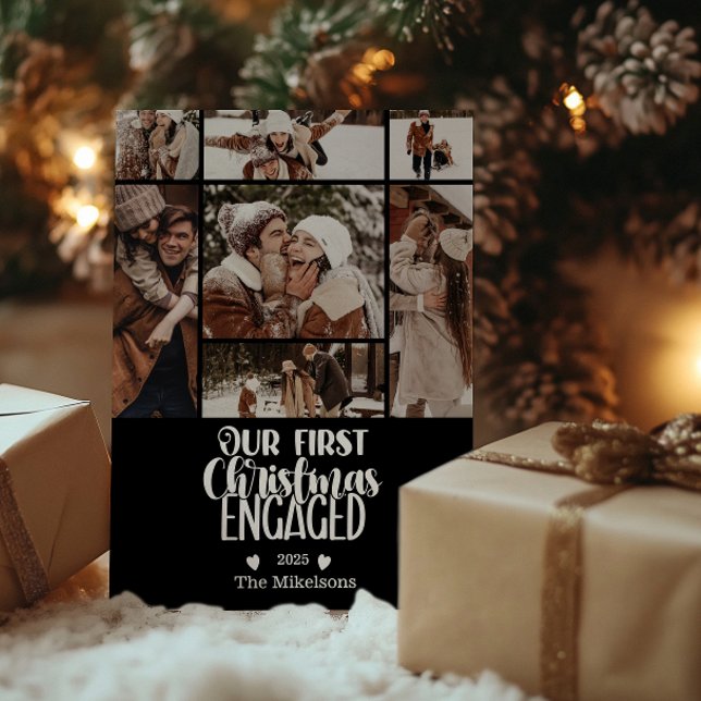 7 Photo Minimalist First Christmas Engaged Holiday Card (Creator Uploaded)
