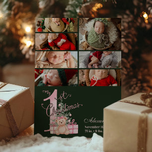 7 Photo Pink Green Baby First Christmas Holiday Card
