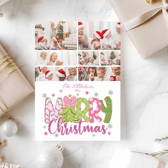 7 Photo Pink Green Bow Tree Merry Christmas Holiday Card (Creator Uploaded)