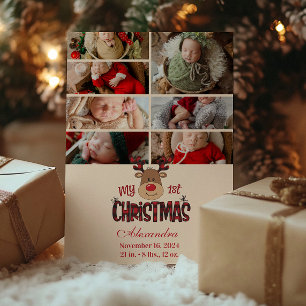 7 Photo Plaid Reindeer Baby First Christmas  Holiday Card