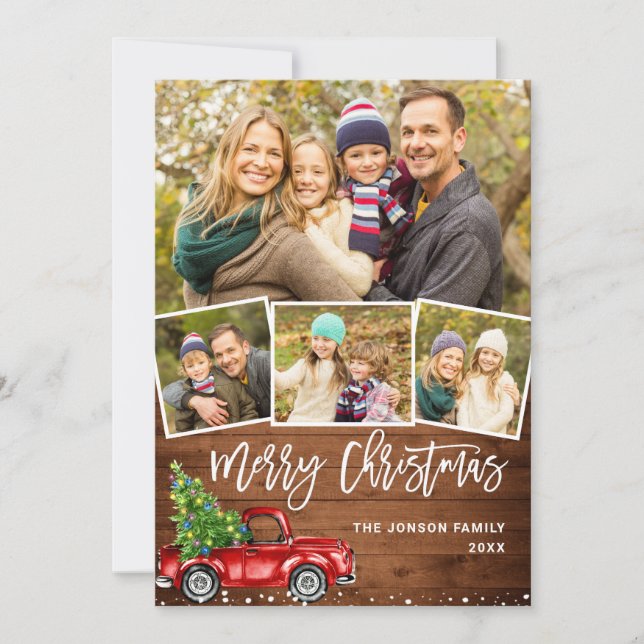 7 PHOTO Retro Christmas Red Truck Rustic Greeting Holiday Card (Front)