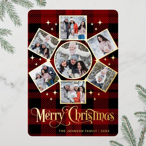 7 PHOTO Sparkle Merry Christmas Greeting Gold Foil Holiday Card