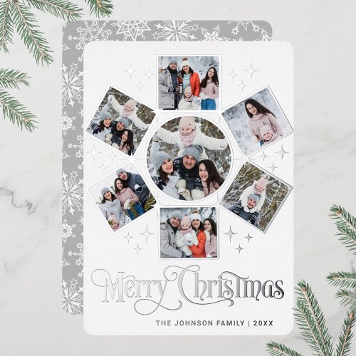 7 PHOTO Sparkle Merry Christmas Greeting Silver Foil Holiday Card