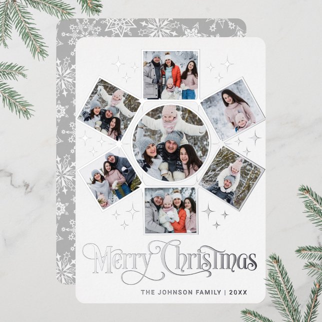 7 PHOTO Sparkle Merry Christmas Greeting Silver Foil Holiday Card (Creator Uploaded)