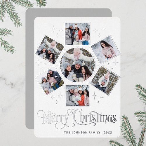 7 PHOTO Sparkle Merry Christmas Greeting Silver Foil Holiday Card