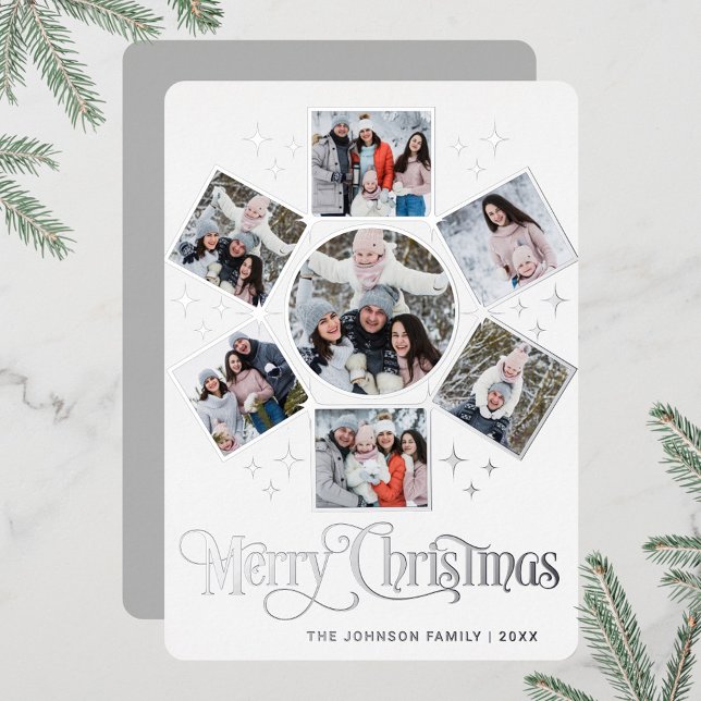 7 PHOTO Sparkle Merry Christmas Greeting Silver Foil Holiday Card (Creator Uploaded)