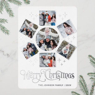 7 PHOTO Sparkle Merry Christmas Greeting Silver Foil Holiday Card