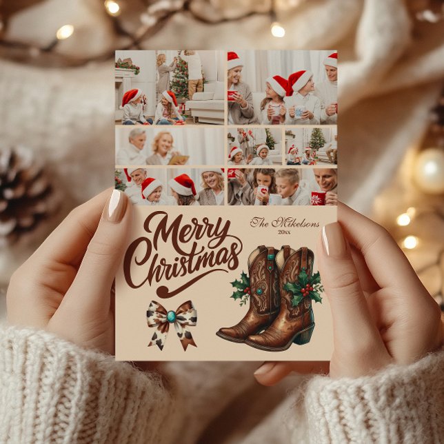 7 Photo Western Bow & Boots Christmas Holiday Card (Creator Uploaded)