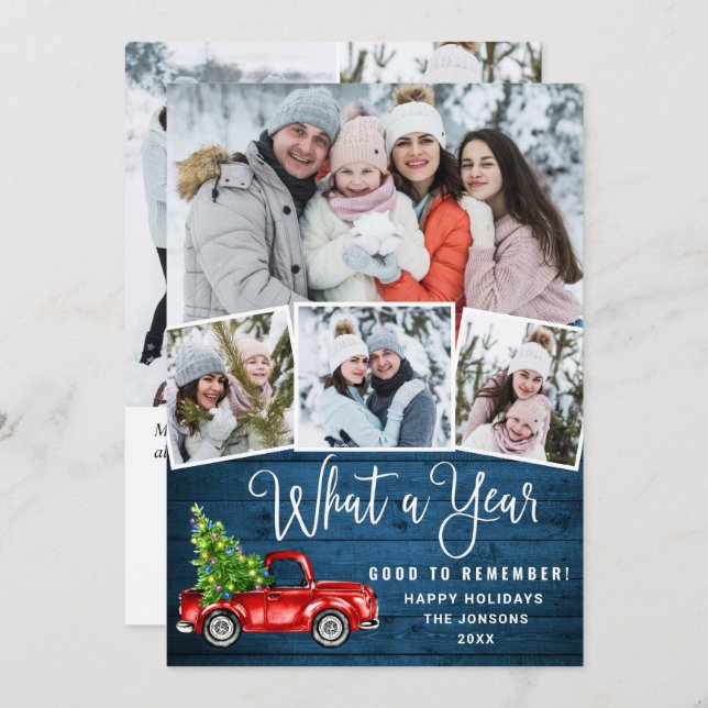 7 Photo What a Year Christmas Red Farm Truck Holiday Card (Front/Back)