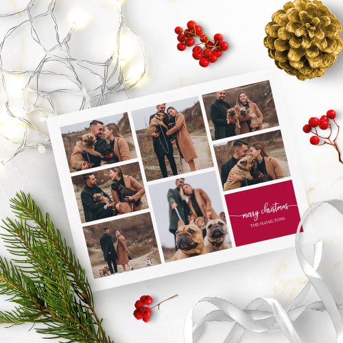 7 Photos Collage Elegant Script Merry Christmas Postcard