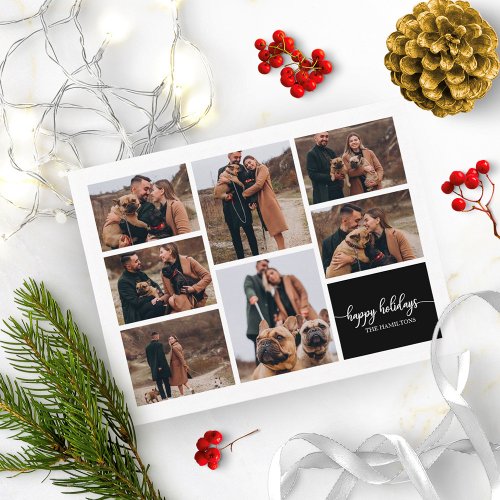 7 Photos Happy Holidays Modern Christmas Black Postcard