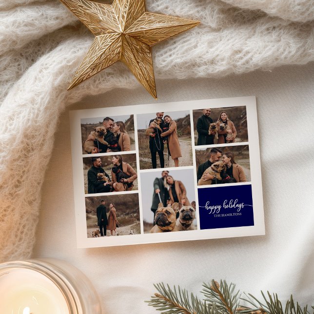 7 Photos Happy Holidays Modern Collage Navy Blue Postcard (Creator Uploaded)