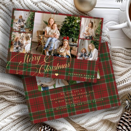 7 photos Merry Christmas red green plaid elegant Holiday Card