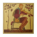 #7 Repro Copeland Medieval Minstrels Music Theme Ceramic Tile<br><div class="desc">Reproduced from a circa 1880 series of 12 Medieval Minstrel tiles by Copeland & Sons. Each tile features a different musician playing a period instrument in a natural setting. Some of the instruments represented include violin/viola, cello or base, lute, mandolin, drum, pan pipes, recorder, a large zither type of string...</div>