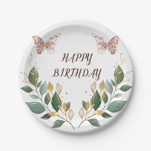 7" Round Floral Happy Birthday Paper Plate. Plates (Front)