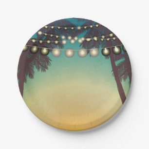 7" Round Paper Plate Beach Sunset Palm Trees Strin