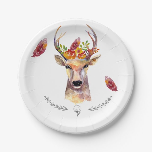 7" Round Paper Plate boho deer Buck Head Browning (Front)