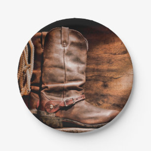 7" Round Paper Plate Cowboy Boots Barn Wood Rustic