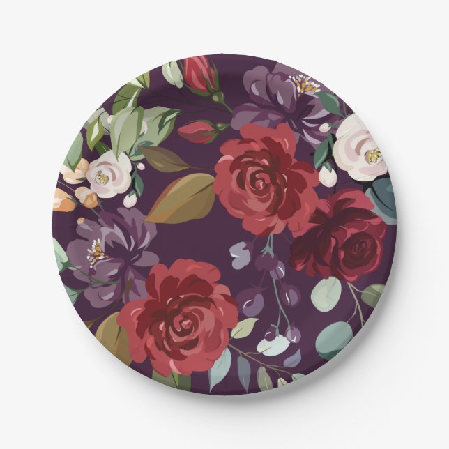 7" Round Paper Plate Plum Purple Roses Gold Geomet (Front)