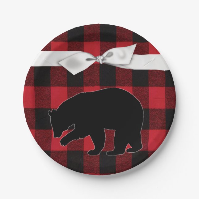 7" Round Paper Plate Red Buffalo Plaid Bear Black (Front)