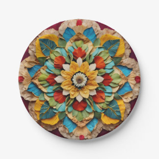 7" Round Paper Plate with Vibrant Mandala Print"