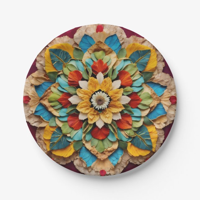  7" Round Paper Plate with Vibrant Mandala Print" (Front)