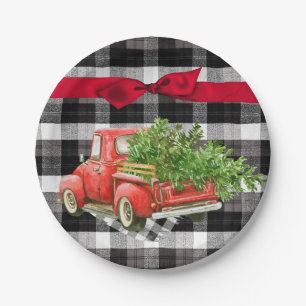 7" Round Paper Plate XMAS Truck Buffalo Plaid Blac