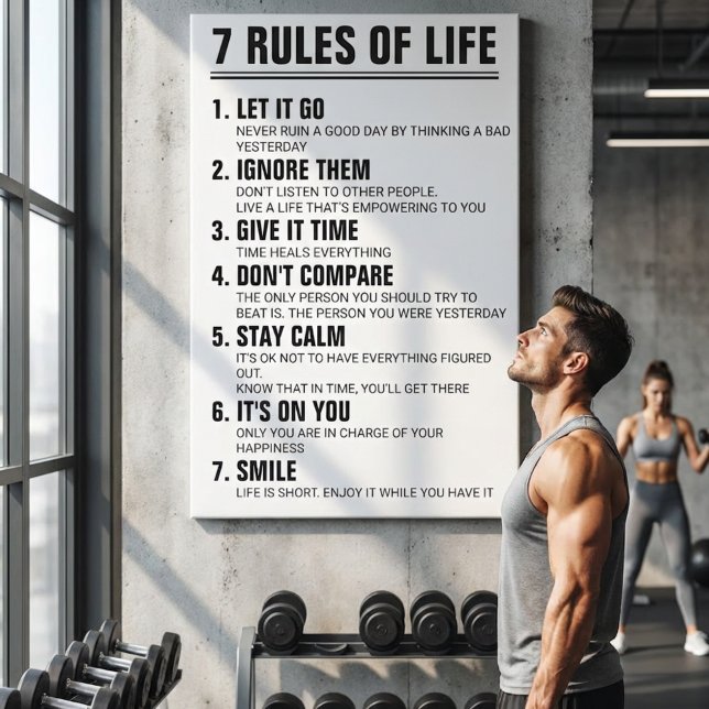 7 Rules of Life Motivational Quote Modern Script Canvas Print (7 Rules of Life Motivational Quote Modern Black & White Inspirational Wall Art | Gym Motivation)