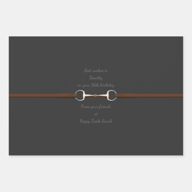 7" Snaffle Bit & Reins Custom Text Equestrian Wrapping Paper Sheets (Front)
