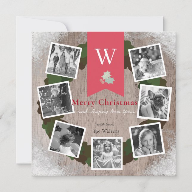 7 Square Photo Collage Wreath Wood Holiday Card (Front)