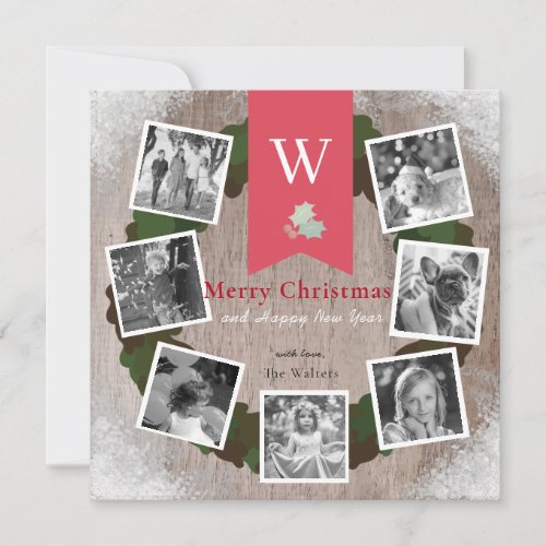 7 Square Photo Collage Wreath Wood Holiday Card