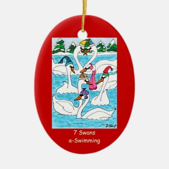 7 Swans a Swimming Ceramic Ornament (Front)