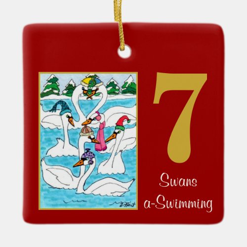 7 Swans a Swimming Cute Animals  Typography Ceramic Ornament