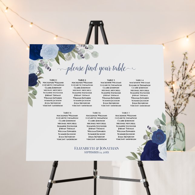 7 Table Blue Boho Roses Wedding Seating Chart Foam Board (In Situ (Stand))