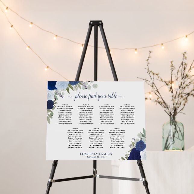 7 Table Blue Boho Roses Wedding Seating Chart Foam Board (In Situ (Stand))