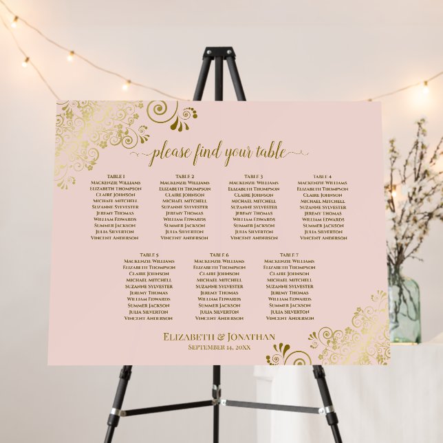 7 table Blush Pink & Gold Wedding Seating Chart Foam Board (In Situ (Stand))