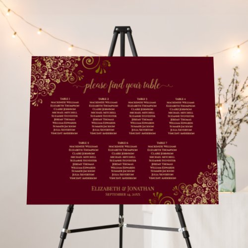7 Table Burgundy Maroon  Gold Lace Seating Chart Foam Board
